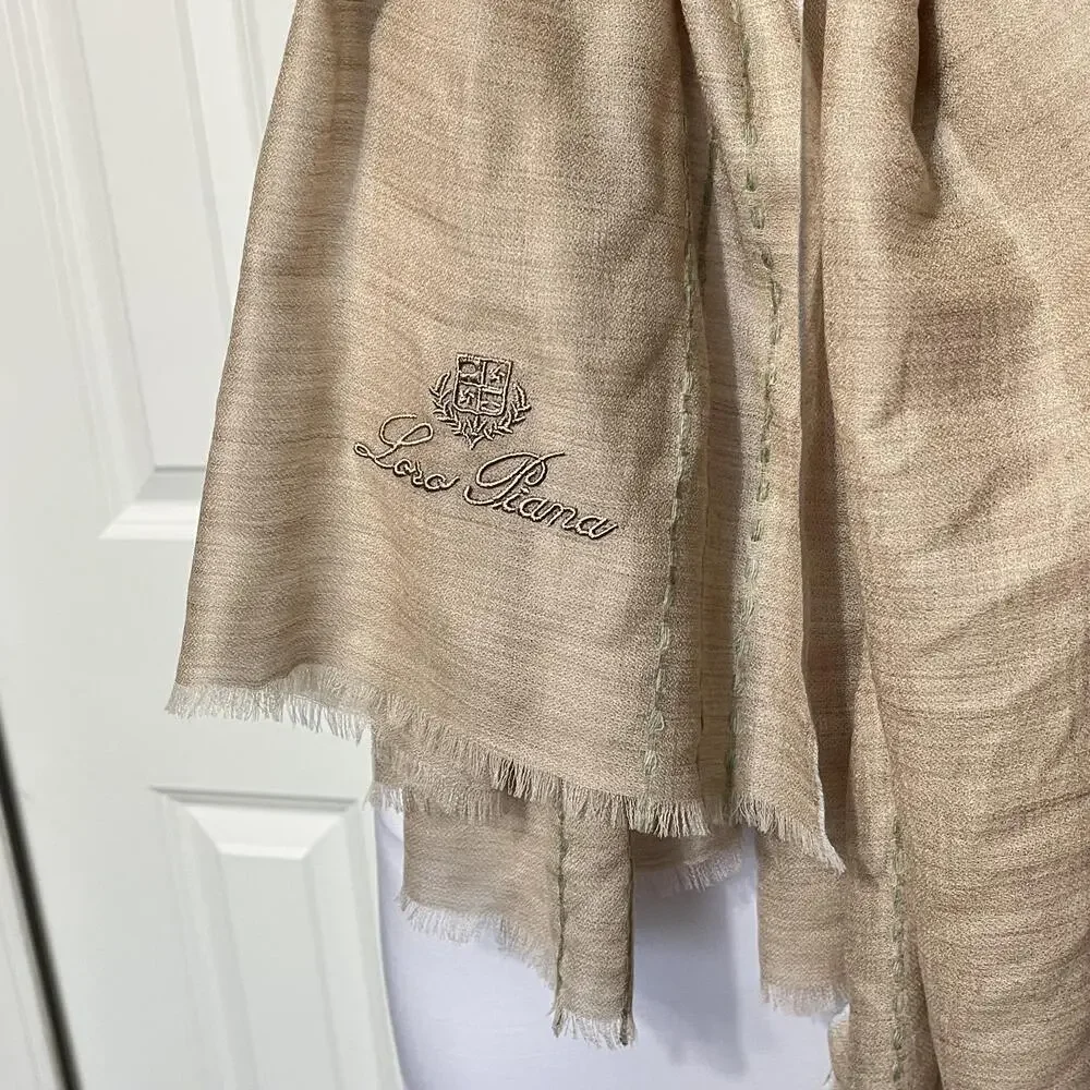 Loro Piana Shawl Wrap Womens Long Beige Cashmere Logo Stripe Scarf Italy